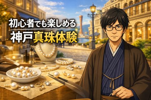 神戸で真珠アクセサリー作り体験を楽しむ様子を紹介するアイキャッチ画像