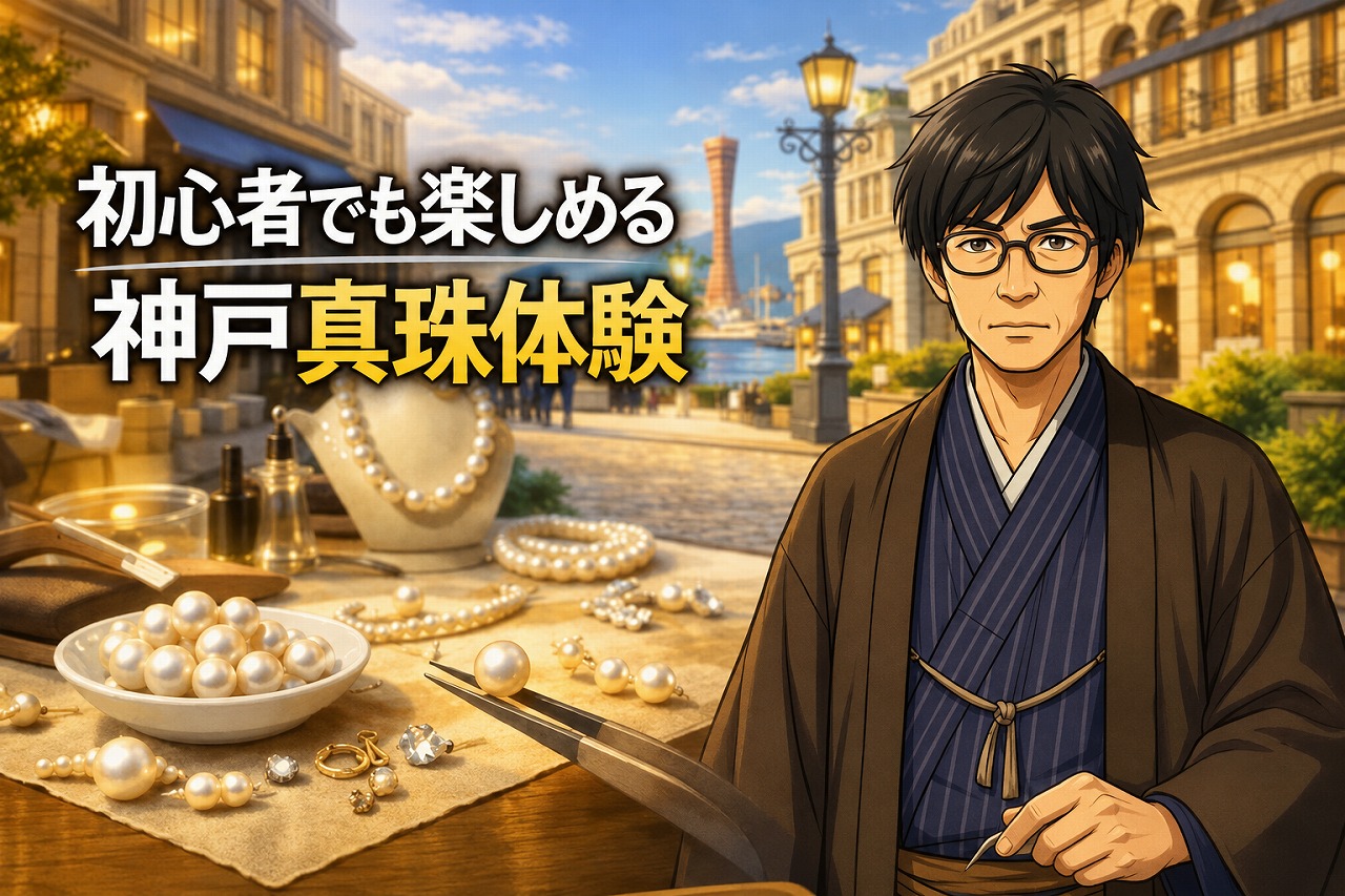 神戸で真珠アクセサリー作り体験を楽しむ様子を紹介するアイキャッチ画像